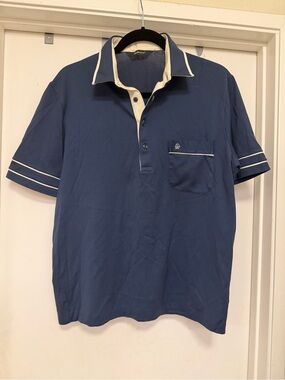 St Michael men’s polo shirt. Blue with white contrast stripe - size L